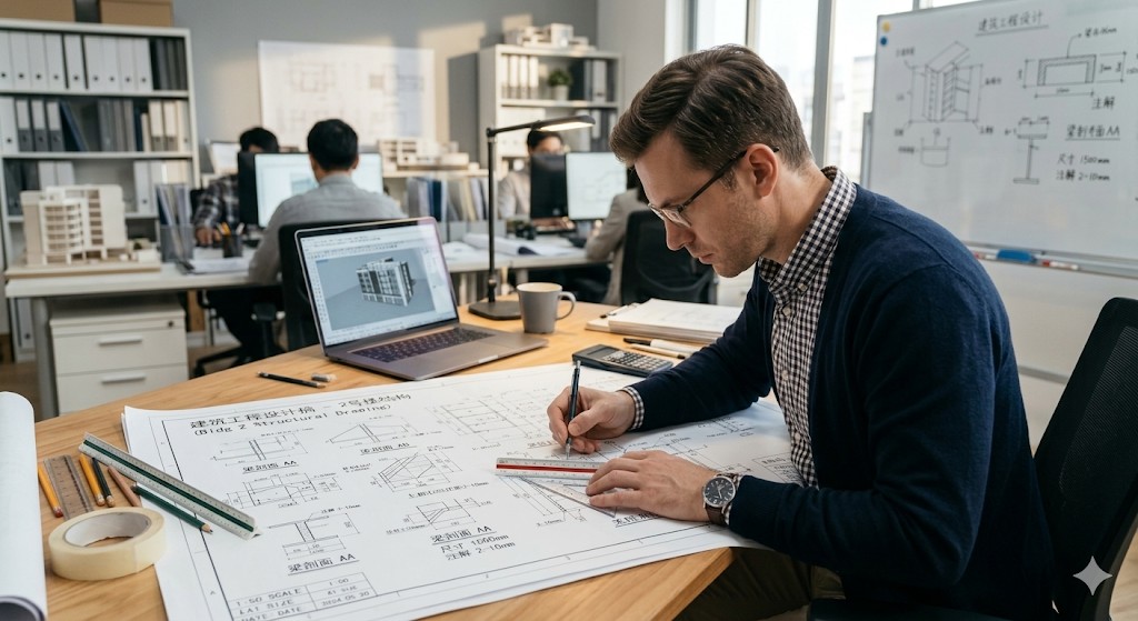 Engineering office: blueprint review, CAD on laptop, custom design and OEM support