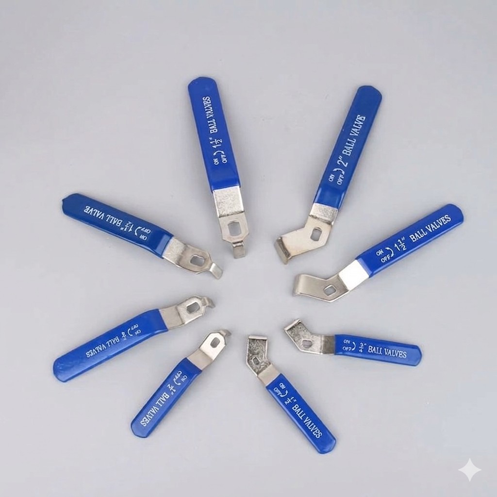 Ball valve lever handles in multiple sizes, blue grips with ON/OFF marking